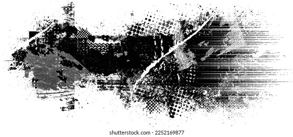 Glitch distorted geometric shape . Noise destroyed logo . Trendy defect error shapes . Glitched frame .Grunge textured . Distressed effect .Vector shapes with a halftone dots screen print texture.