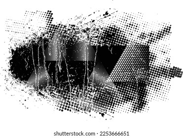 Glitch distorted geometric shape . Noise destroyed logo . Trendy defect error shapes . Glitched frame .Grunge textured . Distressed effect .Vector shapes with a halftone dots screen print texture.