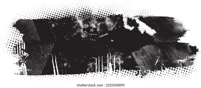 Glitch distorted geometric shape . Noise destroyed logo . Trendy defect error shapes . Glitched frame .Grunge textured . Distressed effect .Vector shapes with a halftone dots screen print texture.