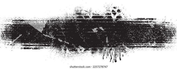 Forma geométrica distorsionada por destello. Logo destruido por ruido. Formas de error de defecto de moda . Marco brillante. Grunge texturado. Efecto perturbado .Formas vectoras con una textura de impresión de pantalla de puntos de medio tono.
