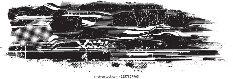 Forma geométrica distorsionada por destello. Logo destruido por ruido. Formas de error de defecto de moda . Marco brillante. Grunge texturado. Efecto perturbado .Formas vectoras con una textura de impresión de pantalla de puntos de medio tono.