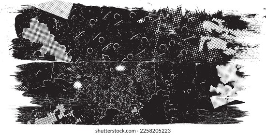 Glitch distorted geometric shape . Noise destroyed logo . Trendy defect error shapes . Glitched frame .Grunge textured . Distressed effect .Vector shapes with a halftone dots screen print texture.