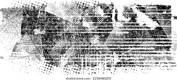 Forma geométrica distorsionada por destello. Logo destruido por ruido. Formas de error de defecto de moda . Marco brillante. Grunge texturado. Efecto perturbado .Formas vectoras con una textura de impresión de pantalla de puntos de medio tono.