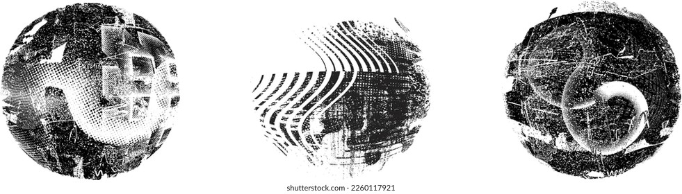 Forma geométrica distorsionada por destello. Logo destruido por ruido. Formas de error de defecto de moda . Marco brillante. Grunge texturado. Efecto perturbado .Formas vectoras con una textura de impresión de pantalla de puntos de medio tono.