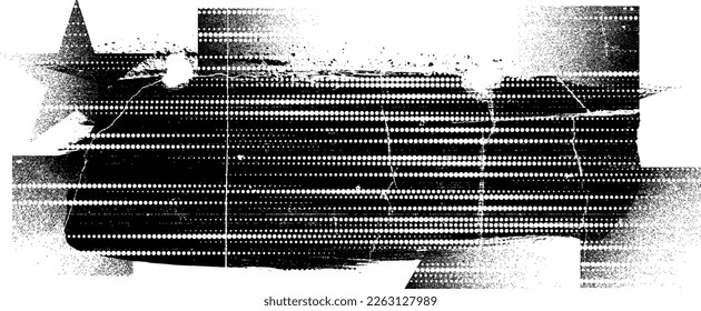 Glitch distorted geometric shape . Noise destroyed logo . Trendy defect error shapes . Glitched frame .Grunge textured . Distressed effect .Vector shapes with a halftone dots screen print texture.
