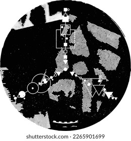 Forma geométrica distorsionada por destello. El ruido destruyó los sellos. Formas de error de defecto de moda . Marco brillante. Grunge texturado. Efecto perturbado .Sellos vectores con una textura de impresión de pantalla de punto medio.