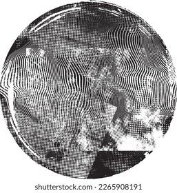 Glitch distorted geometric shape . Noise destroyed stamps . Trendy defect error shapes . Glitched frame .Grunge textured . Distressed effect .Vector stamps with a halftone dots screen print texture.