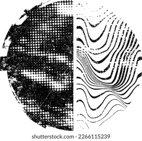 Glitch distorted geometric shape . Noise destroyed stamps . Trendy defect error shapes . Glitched frame .Grunge textured . Distressed effect .Vector stamps with a halftone dots screen print texture.