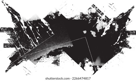 Glitch distorted geometric shape . Noise destroyed logo . Trendy defect error shapes . Glitched frame .Grunge textured . Distressed effect .Vector shapes with a halftone dots screen print texture.
