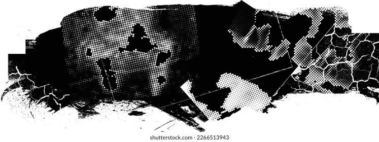 Glitch distorted geometric shape . Noise destroyed logo . Trendy defect error shapes . Glitched frame .Grunge textured . Distressed effect .Vector shapes with a halftone dots screen print texture.