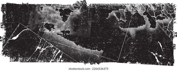 Forma geométrica distorsionada por destello. Logo destruido por ruido. Formas de error de defecto de moda . Marco brillante. Grunge texturado. Efecto perturbado .Formas vectoras con una textura de impresión de pantalla de puntos de medio tono.