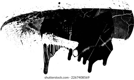 Glitch distorted geometric shape . Noise destroyed logo . Trendy defect error shapes . Glitched frame .Grunge textured . Distressed effect .Vector shapes with a halftone dots screen print texture.