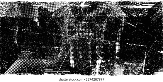 Forma geométrica distorsionada por destello. Logo destruido por ruido. Formas de error de defecto de moda . Marco brillante. Grunge texturado. Efecto perturbado .Formas vectoras con una textura de impresión de pantalla de puntos de medio tono.