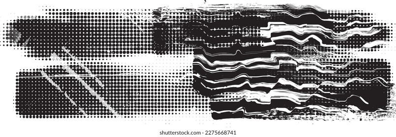 Glitch distorted geometric shape . Noise destroyed logo . Trendy defect error shapes . Glitched frame .Grunge textured . Distressed effect .Vector shapes with a halftone dots screen print texture.