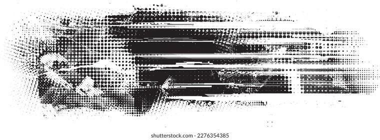Glitch distorted geometric shape . Noise destroyed logo . Trendy defect error shapes . Glitched frame .Grunge textured . Distressed effect .Vector shapes with a halftone dots screen print texture.