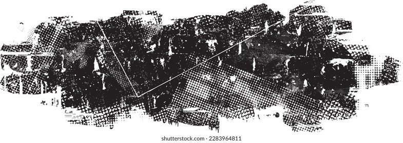 Glitch distorted geometric shape . Noise destroyed logo . Trendy defect error shapes . Glitched frame .Grunge textured . Distressed effect .Vector shapes with a halftone dots screen print texture.