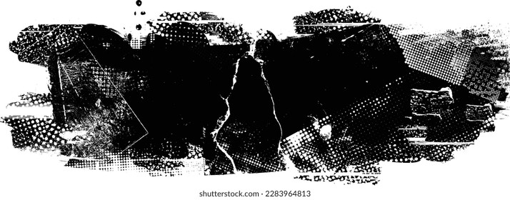 Glitch distorted geometric shape . Noise destroyed logo . Trendy defect error shapes . Glitched frame .Grunge textured . Distressed effect .Vector shapes with a halftone dots screen print texture.