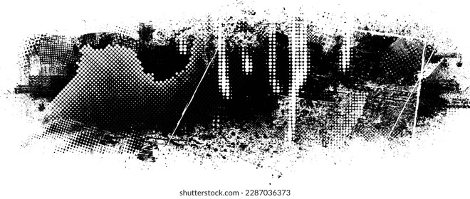 Glitch distorted geometric shape . Noise destroyed logo . Trendy defect error shapes . Glitched frame .Grunge textured . Distressed effect .Vector shapes with a halftone dots screen print texture.