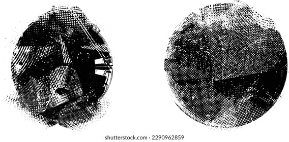 Glitch distorted geometric shape . Noise destroyed logo . Trendy defect error shapes . Glitched frame .Grunge textured . Distressed effect .Vector shapes with a halftone dots screen print texture.