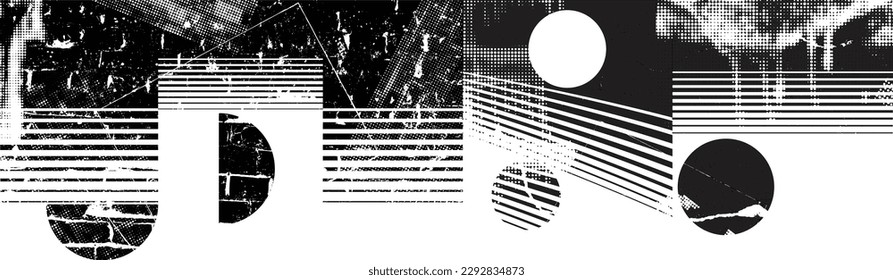 Forma geométrica distorsionada por destello. Logo destruido por ruido. Formas de error de defecto de moda . Marco brillante. Grunge texturado. Efecto perturbado .Formas vectoras con una textura de impresión de pantalla de puntos de medio tono.