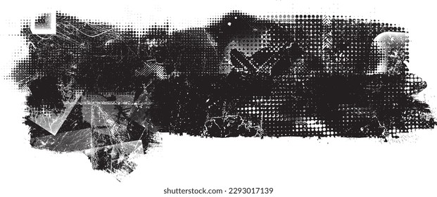 Glitch distorted geometric shape . Noise destroyed logo . Trendy defect error shapes . Glitched frame .Grunge textured . Distressed effect .Vector shapes with a halftone dots screen print texture.