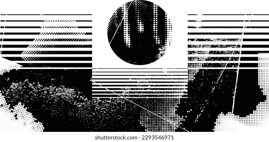 Forma geométrica distorsionada por destello. Logo destruido por ruido. Formas de error de defecto de moda . Marco brillante. Grunge texturado. Efecto perturbado .Formas vectoras con una textura de impresión de pantalla de puntos de medio tono.