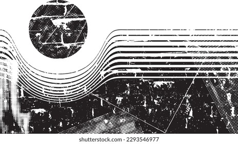 Forma geométrica distorsionada por destello. Logo destruido por ruido. Formas de error de defecto de moda . Marco brillante. Grunge texturado. Efecto perturbado .Formas vectoras con una textura de impresión de pantalla de puntos de medio tono.