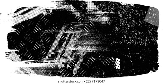 Forma geométrica distorsionada por destello. Logo destruido por ruido. Formas de error de defecto de moda . Marco brillante. Grunge texturado. Efecto perturbado .Formas vectoras con una textura de impresión de pantalla de puntos de medio tono.