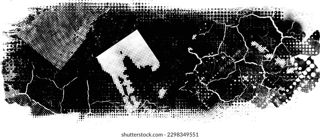 Glitch distorted geometric shape . Noise destroyed logo . Trendy defect error shapes . Glitched frame .Grunge textured . Distressed effect .Vector shapes with a halftone dots screen print texture.