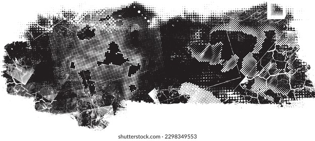 Forma geométrica distorsionada por destello. Logo destruido por ruido. Formas de error de defecto de moda . Marco brillante. Grunge texturado. Efecto perturbado .Formas vectoras con una textura de impresión de pantalla de puntos de medio tono.