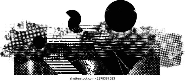 Forma geométrica distorsionada por destello. Logo destruido por ruido. Formas de error de defecto de moda . Marco brillante. Grunge texturado. Efecto perturbado .Formas vectoras con una textura de impresión de pantalla de puntos de medio tono.