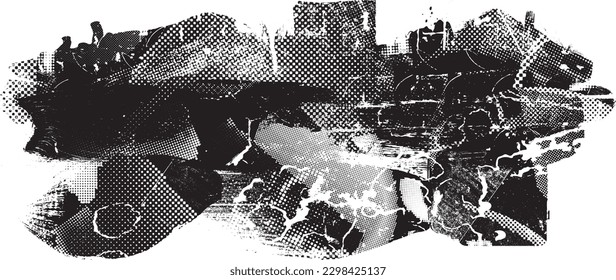 Glitch distorted geometric shape . Noise destroyed logo . Trendy defect error shapes . Glitched frame .Grunge textured . Distressed effect .Vector shapes with a halftone dots screen print texture.