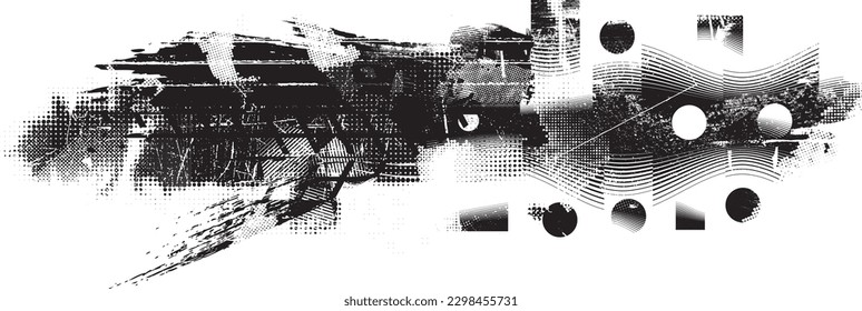 Forma geométrica distorsionada por destello. Logo destruido por ruido. Formas de error de defecto de moda . Marco brillante. Grunge texturado. Efecto perturbado .Formas vectoras con una textura de impresión de pantalla de puntos de medio tono.