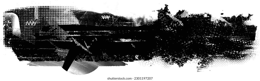 Glitch distorted geometric shape . Noise destroyed logo . Trendy defect error shapes . Glitched frame .Grunge textured . Distressed effect .Vector shapes with a halftone dots screen print texture.