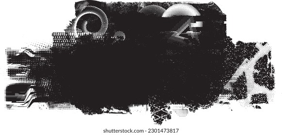 Glitch distorted geometric shape . Noise destroyed logo . Trendy defect error shapes . Glitched frame .Grunge textured . Distressed effect .Vector shapes with a halftone dots screen print texture.