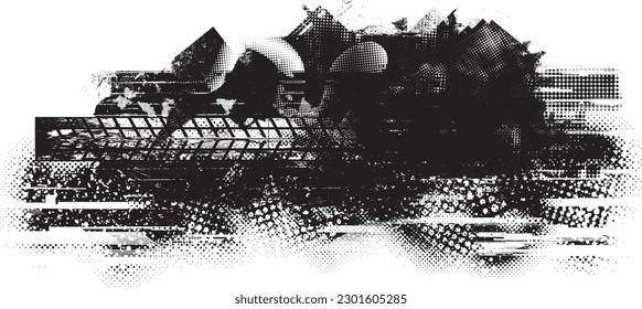 Glitch distorted geometric shape . Noise destroyed logo . Trendy defect error shapes . Glitched frame .Grunge textured . Distressed effect .Vector shapes with a halftone dots screen print texture.