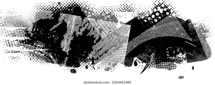 Glitch distorted geometric shape . Noise destroyed logo . Trendy defect error shapes . Glitched frame .Grunge textured . Distressed effect .Vector shapes with a halftone dots screen print texture.