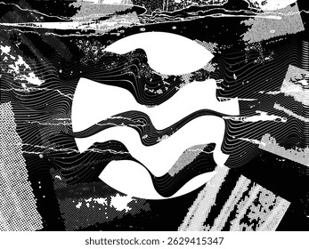 Glitch distorted geometric shape . Noise destroyed logo . Trendy defect error shapes . Glitched frame .Grunge textured . Distressed effect .Vector shapes with a halftone dots screen print texture.