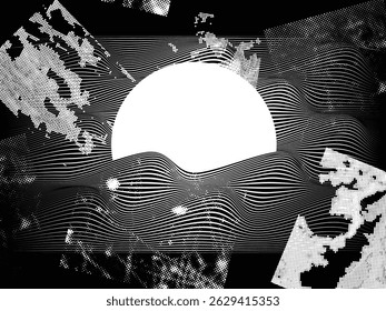 Glitch distorted geometric shape . Noise destroyed logo . Trendy defect error shapes . Glitched frame .Grunge textured . Distressed effect .Vector shapes with a halftone dots screen print texture.
