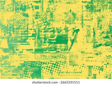 Glitch distorted geometric shape . Noise destroyed logo . Trendy cyber punk poster . Glitched frame .Grunge textured . Distressed effect .Vector shapes with a halftone dots screen print texture.