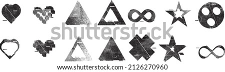 Glitch distorted geometric shape . Noise destroyed logo . Trendy defect error shapes . Glitched frame .Grunge textured . Distressed effect .Vector shapes with a halftone dots screen print texture.