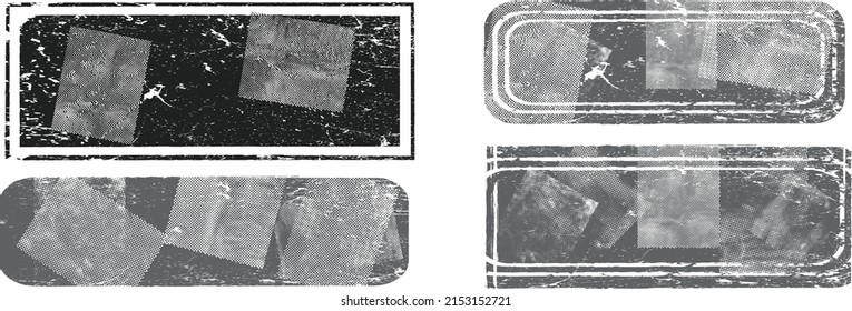 Glitch distorted geometric shapeS . Noise destroyed logo . Trendy defect error shapes . Glitched frame .Grunge textured . Distressed effect .Vector shapes with a halftone dots screen print texture.