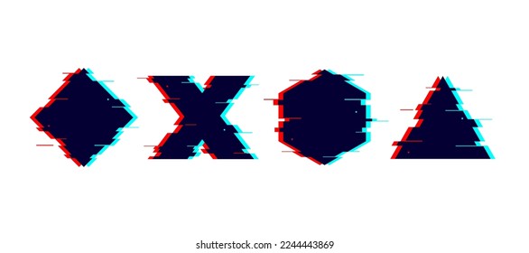 Glitch distorted geometric shapes set. Cross, square, triangle, hexagon, rhomb with TV or vhs noise. Futuristic destroyed design elements collection. Pixilated text boxes.