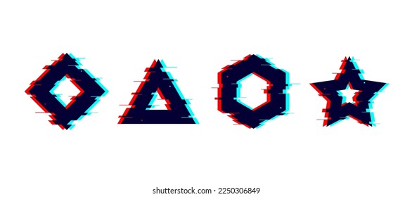Glitzverzerrte geometrische Formen setzen. Quadrat, Dreieck, Stern, Sechseck mit TV- oder Videogeräusch. Futuristische Sammlung zerstörter Design-Elemente. Pixel-Boxrahmen.