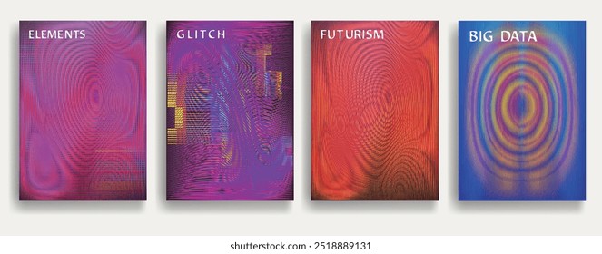 Glitch distorted geometric template brochures . Modern art design . Noise destroyed glitched flyer . Trendy brochure with vector lines . Glitched flyer. Hologram effects . set of vector templates