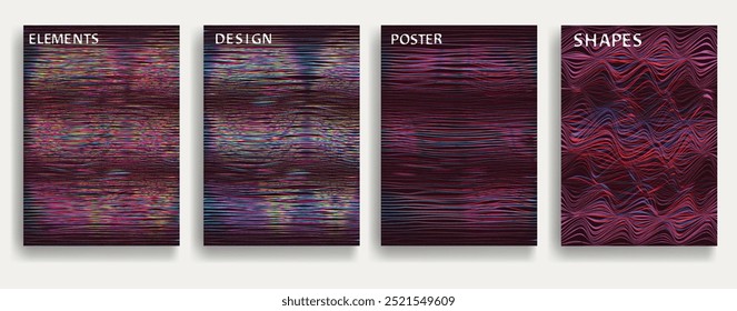Glitch distorted geometric template brochures . Modern art design . Noise destroyed glitched flyer . Trendy brochure with vector lines . Glitched flyer. Hologram effects . set of vector templates