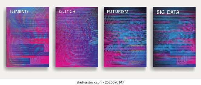 Glitch distorted geometric template brochures . Modern art design . Noise destroyed glitched flyer . Trendy brochure with vector lines . Glitched flyer. Hologram effects . set of vector templates