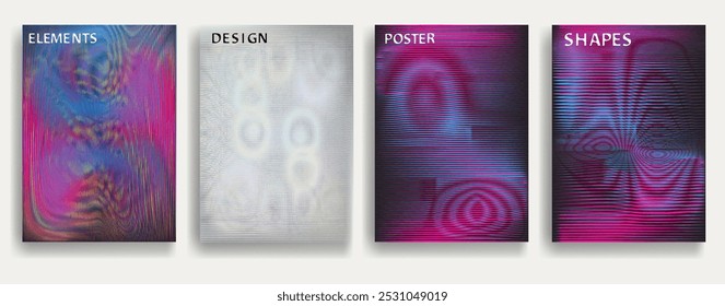 Glitch distorted geometric template brochures . Modern art design . Noise destroyed glitched flyer . Trendy brochure with vector lines . Glitched flyer. Hologram effects . set of vector templates