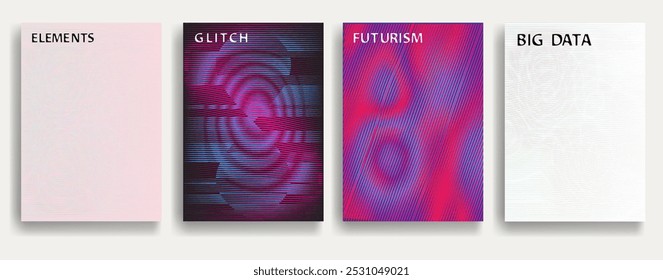 Glitch distorted geometric template brochures . Modern art design . Noise destroyed glitched flyer . Trendy brochure with vector lines . Glitched flyer. Hologram effects . set of vector templates