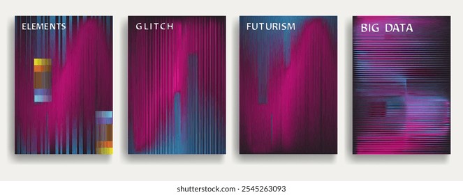 Glitch distorted geometric template brochures . Modern art design . Noise destroyed glitched flyer . Trendy brochure with vector lines . Glitched flyer. Hologram effects . set of vector templates